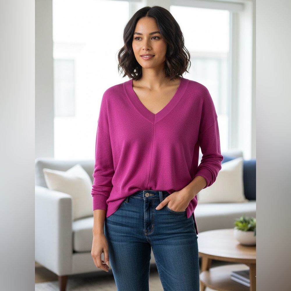 Banana Republic Merino Wool V-Neck Sweater - Magenta Pink - Size L